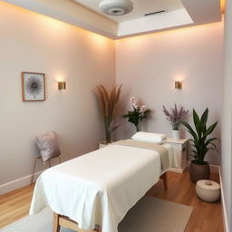 A small massage area within a gym studio, designed with a serene and inviting color palette