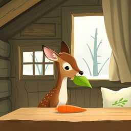 Inside a warm and inviting wooden cabin during winter, devoid of snow, a charming brown fawn holds a vibrant green leaf in its mouth while looking with curiosity at a bright orange carrot placed on the table