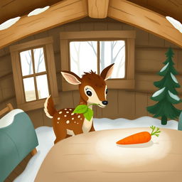 Inside a warm and inviting wooden cabin during winter, devoid of snow, a charming brown fawn holds a vibrant green leaf in its mouth while looking with curiosity at a bright orange carrot placed on the table
