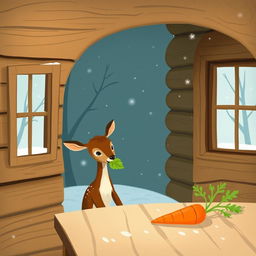 Inside a warm and inviting wooden cabin during winter, devoid of snow, a charming brown fawn holds a vibrant green leaf in its mouth while looking with curiosity at a bright orange carrot placed on the table