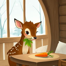 Inside a warm and inviting wooden cabin during winter, devoid of snow, a charming brown fawn holds a vibrant green leaf in its mouth while looking with curiosity at a bright orange carrot placed on the table