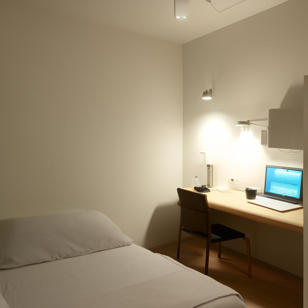 A well-lit room featuring a comfortable bed, a computer table equipped with necessary items, and an alna (clothes rack)