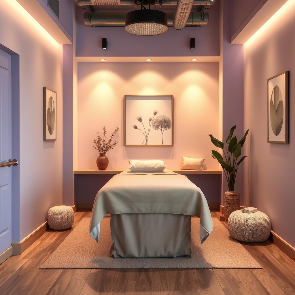 A small massage area within a gym studio, designed with a soothing color palette that encourages relaxation