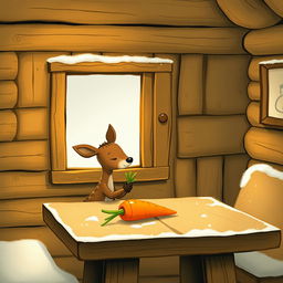 A cozy winter scene inside a warm wooden cabin, without any snow, featuring a small brown deer holding a piece of green vegetable