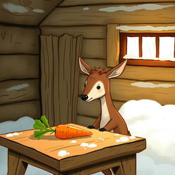 A cozy winter scene inside a warm wooden cabin, without any snow, featuring a small brown deer holding a piece of green vegetable