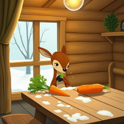 A cozy winter scene inside a warm wooden cabin, without any snow, featuring a small brown deer holding a piece of green vegetable