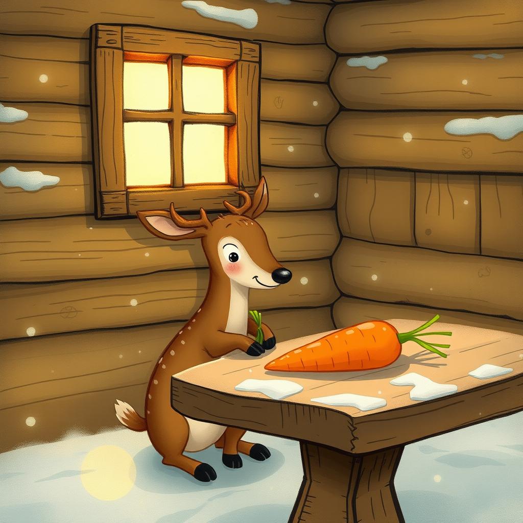 A cozy winter scene inside a warm wooden cabin, without any snow, featuring a small brown deer holding a piece of green vegetable