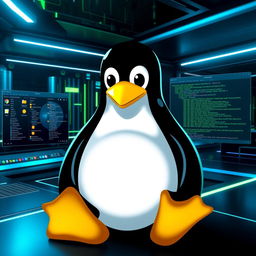 A visually stunning representation of the Linux operating system, showcasing its iconic penguin mascot, Tux, in a modern digital environment