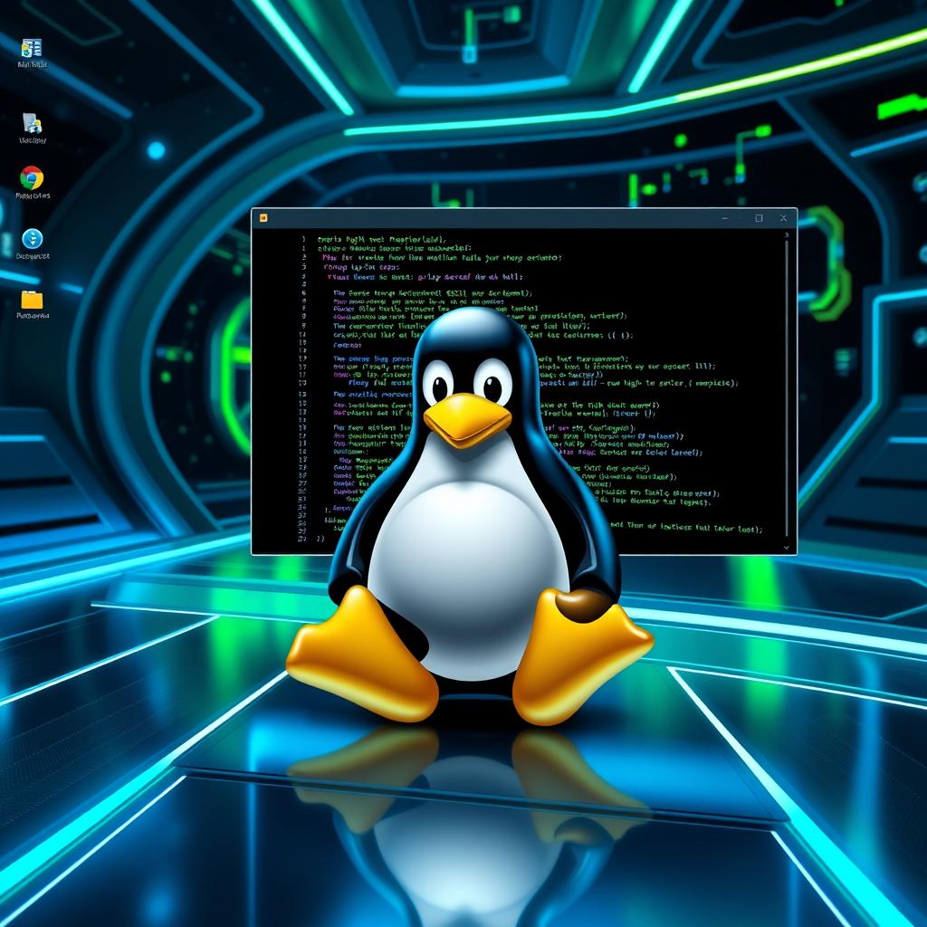 A visually stunning representation of the Linux operating system, showcasing its iconic penguin mascot, Tux, in a modern digital environment