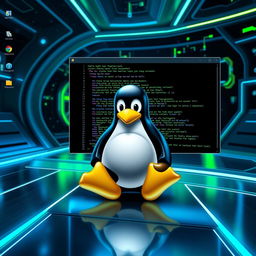 A visually stunning representation of the Linux operating system, showcasing its iconic penguin mascot, Tux, in a modern digital environment