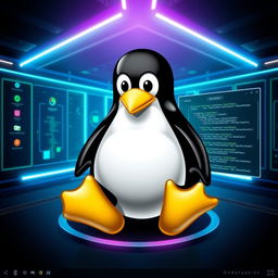 A visually stunning representation of the Linux operating system, showcasing its iconic penguin mascot, Tux, in a modern digital environment