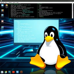 A visually stunning representation of the Linux operating system, showcasing its iconic penguin mascot, Tux, in a modern digital environment