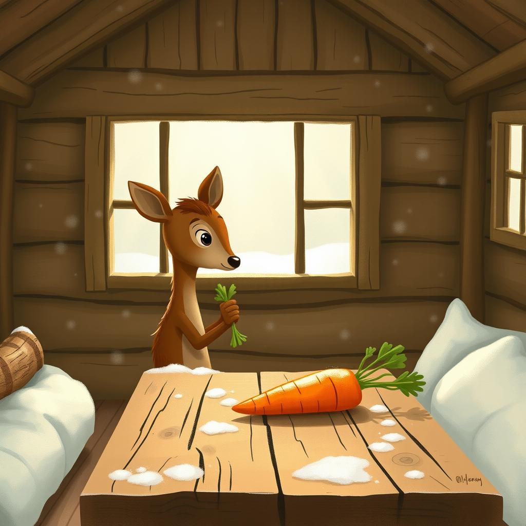 A cozy winter scene inside a warm wooden cabin without snow, featuring a small brown deer holding a piece of green vegetable