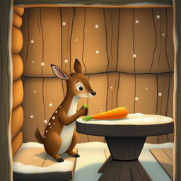 A cozy winter scene inside a warm wooden cabin without snow, featuring a small brown deer holding a piece of green vegetable