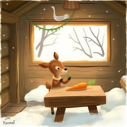 A cozy winter scene inside a warm wooden cabin without snow, featuring a small brown deer holding a piece of green vegetable