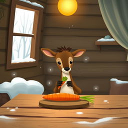 A cozy winter scene inside a warm wooden cabin without snow, featuring a small brown deer holding a piece of green vegetable