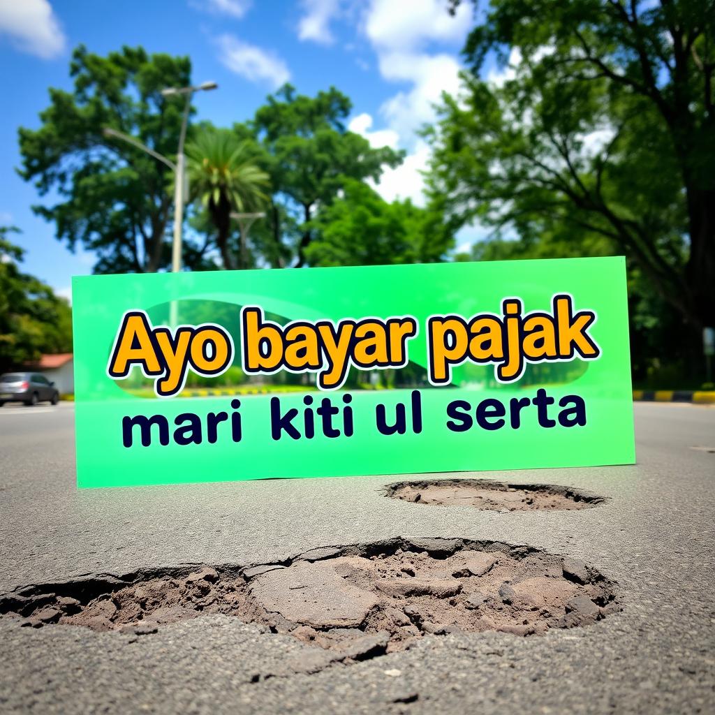 A street scene featuring a prominently displayed road with large potholes, showing clear signs of disrepair
