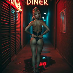 A seductive and suggestive fashion shoot featuring a sexy blonde model with her hair styled in a loose bun and mesmerizing blue eyes