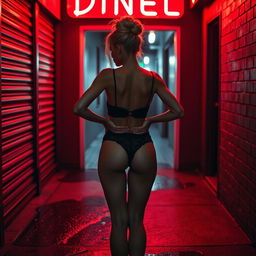 A seductive and suggestive fashion shoot featuring a sexy blonde model with her hair styled in a loose bun and mesmerizing blue eyes