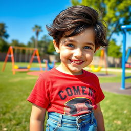 A striking and captivating image of a young boy with tousled dark hair and bright blue eyes, standing outside on a sunny day