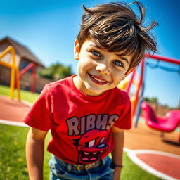 A striking and captivating image of a young boy with tousled dark hair and bright blue eyes, standing outside on a sunny day