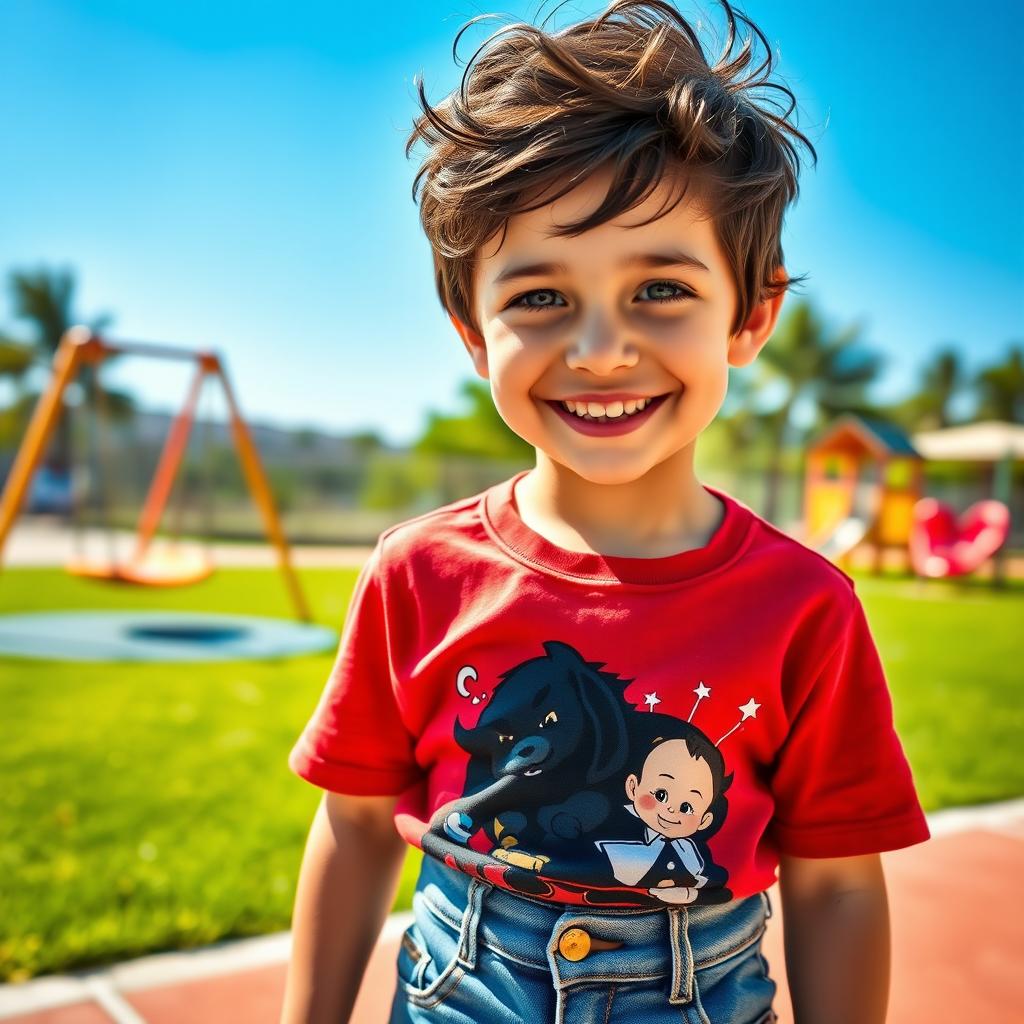 A striking and captivating image of a young boy with tousled dark hair and bright blue eyes, standing outside on a sunny day
