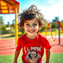 A striking and captivating image of a young boy with tousled dark hair and bright blue eyes, standing outside on a sunny day