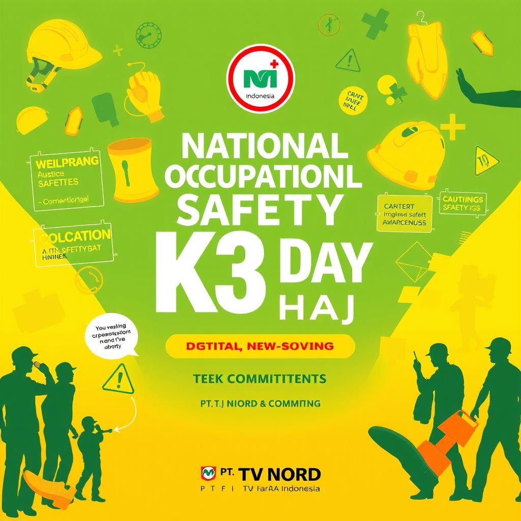 A vibrant and eye-catching poster design for National Occupational Safety and Health (K3) Day, symbolizing the commitment of PT