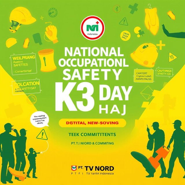 A vibrant and eye-catching poster design for National Occupational Safety and Health (K3) Day, symbolizing the commitment of PT