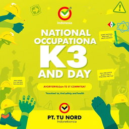 A vibrant and eye-catching poster design for National Occupational Safety and Health (K3) Day, symbolizing the commitment of PT