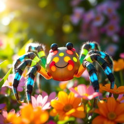 A whimsical four-foot tall spider with vibrant, glowing colored markings across its body