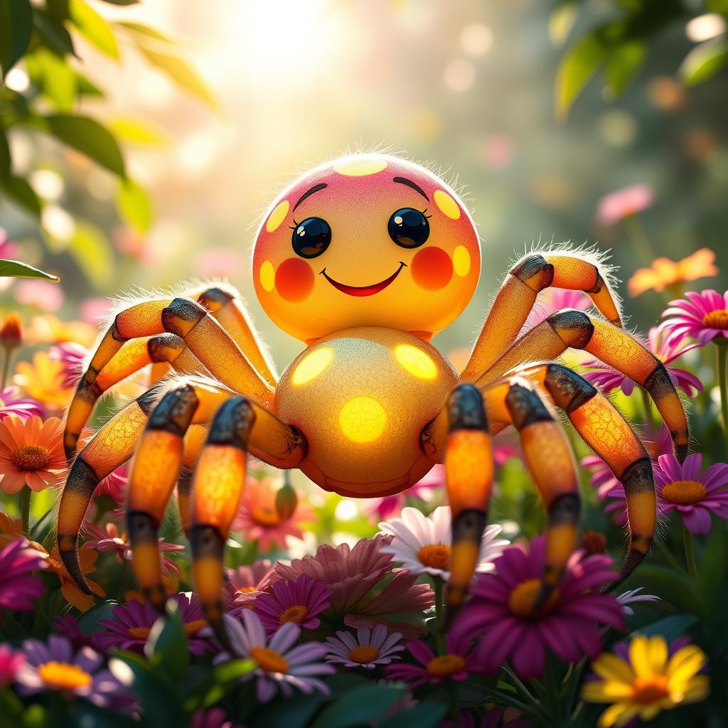A whimsical four-foot tall spider with vibrant, glowing colored markings across its body