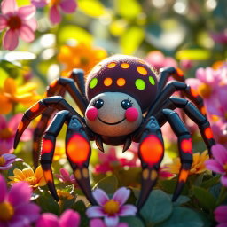 A whimsical four-foot tall spider with vibrant, glowing colored markings across its body