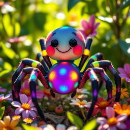 A whimsical four-foot tall spider with vibrant, glowing colored markings across its body