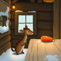 A cozy winter scene inside a wooden cabin, featuring a small brown deer holding a piece of green vegetable