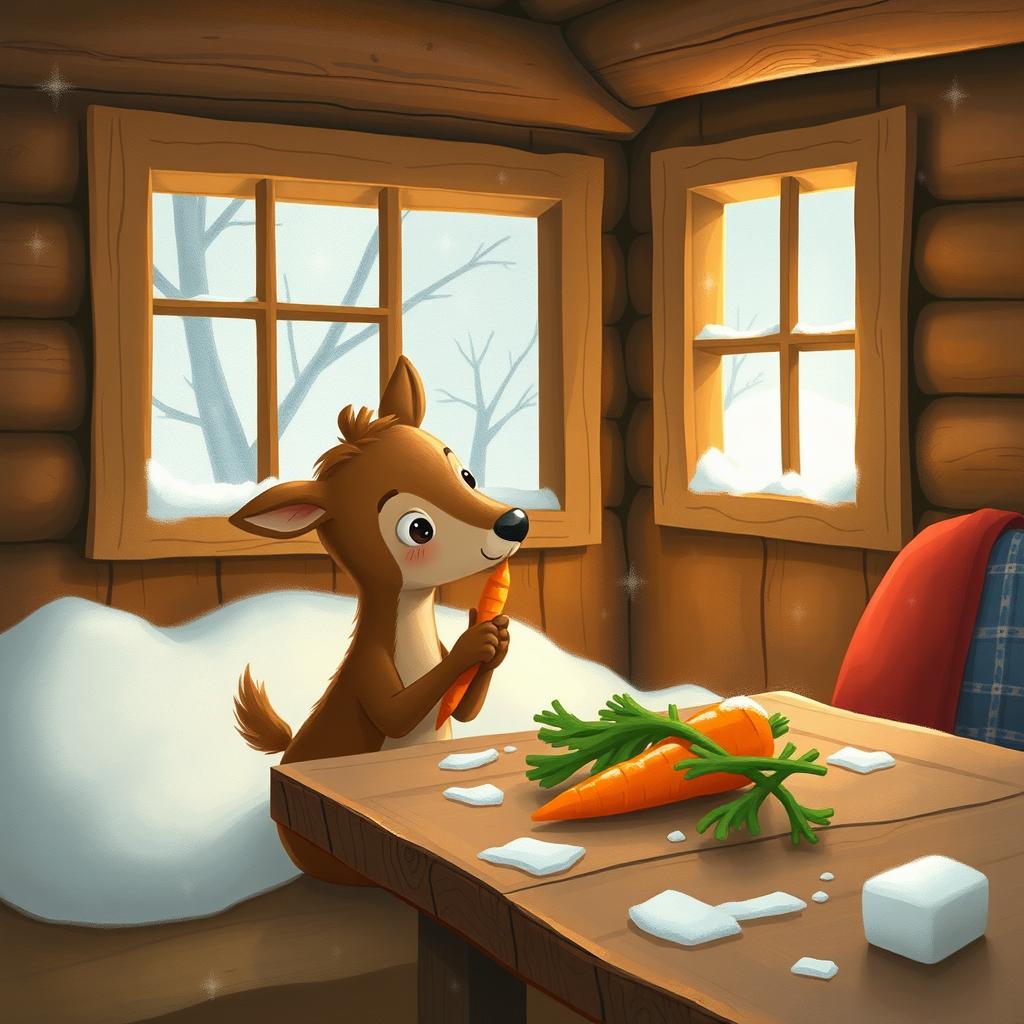 A cozy winter scene inside a wooden cabin, featuring a small brown deer holding a piece of green vegetable