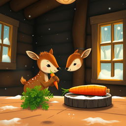 A cozy winter scene inside a wooden cabin, featuring a small brown deer holding a piece of green vegetable