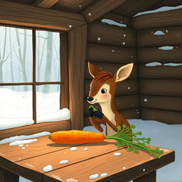 A cozy winter scene inside a wooden cabin, featuring a small brown deer holding a piece of green vegetable