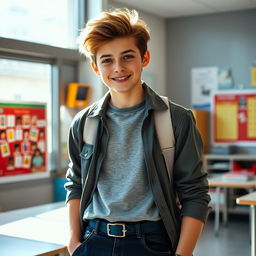 A stunningly attractive high school boy with a charming smile, wearing a stylish casual outfit, standing confidently in a modern classroom
