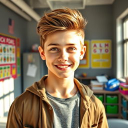 A stunningly attractive high school boy with a charming smile, wearing a stylish casual outfit, standing confidently in a modern classroom