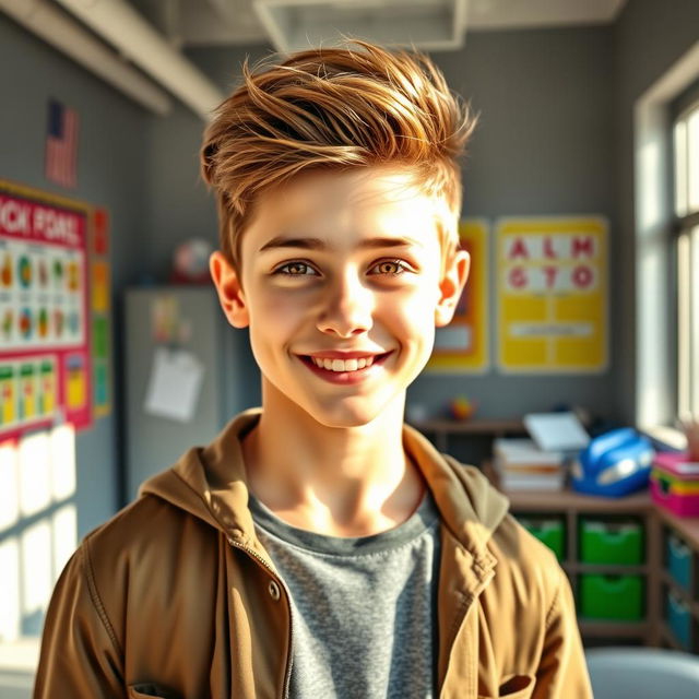 A stunningly attractive high school boy with a charming smile, wearing a stylish casual outfit, standing confidently in a modern classroom