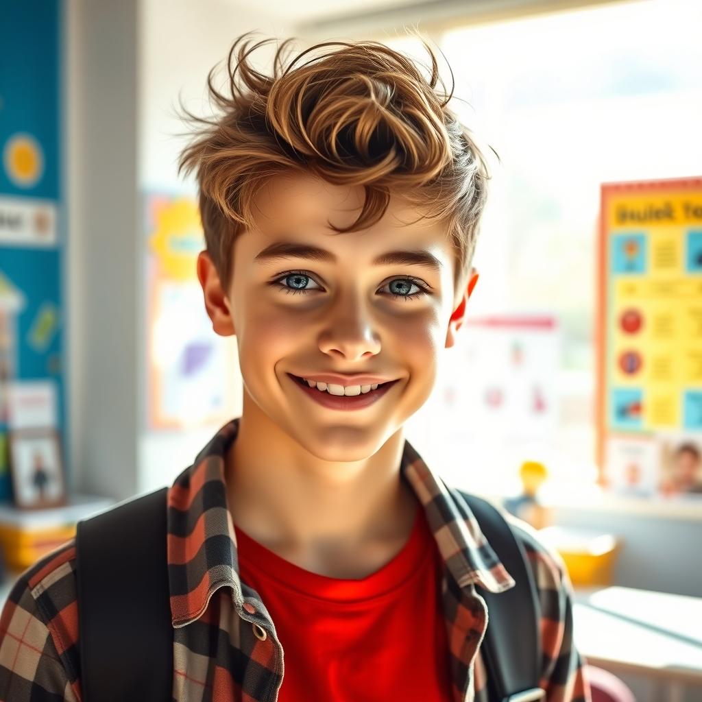 A stunningly attractive high school boy with a charming smile, wearing a stylish casual outfit, standing confidently in a modern classroom