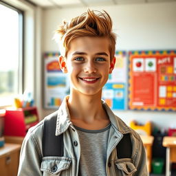 A stunningly attractive high school boy with a charming smile, wearing a stylish casual outfit, standing confidently in a modern classroom