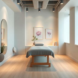 A small massage area within a gym studio, featuring a tranquil and harmonious color palette