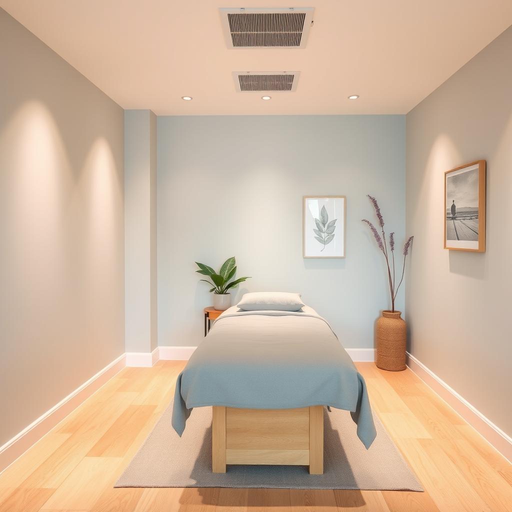 A small massage area within a gym studio, featuring a tranquil and harmonious color palette