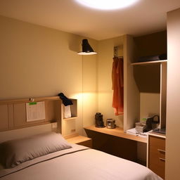 A well-lit room featuring a comfortable bed, a computer table equipped with necessary items, and an alna (clothes rack)