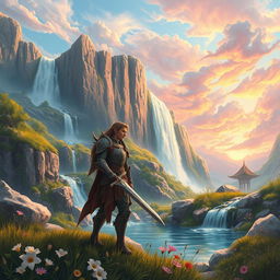 A vibrant fantasy landscape featuring a majestic waterfall cascading down rocky cliffs into a crystal clear pool, surrounded by lush greenery and blooming wildflowers