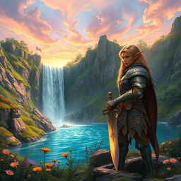 A vibrant fantasy landscape featuring a majestic waterfall cascading down rocky cliffs into a crystal clear pool, surrounded by lush greenery and blooming wildflowers