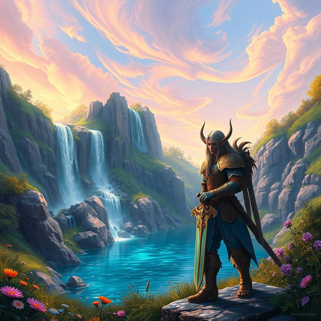 A vibrant fantasy landscape featuring a majestic waterfall cascading down rocky cliffs into a crystal clear pool, surrounded by lush greenery and blooming wildflowers