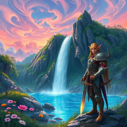 A vibrant fantasy landscape featuring a majestic waterfall cascading down rocky cliffs into a crystal clear pool, surrounded by lush greenery and blooming wildflowers